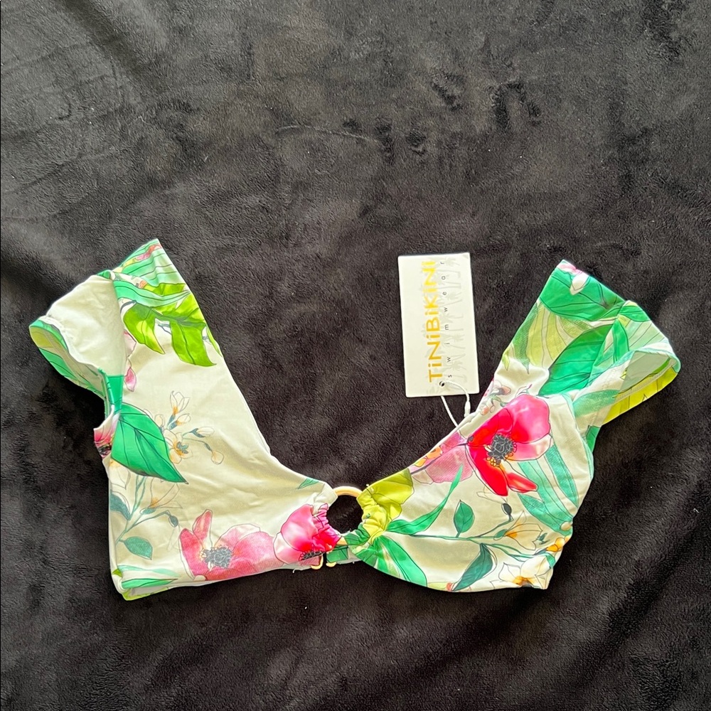TiniBikini Floral Ring-Front Crop Top - Green/Pink